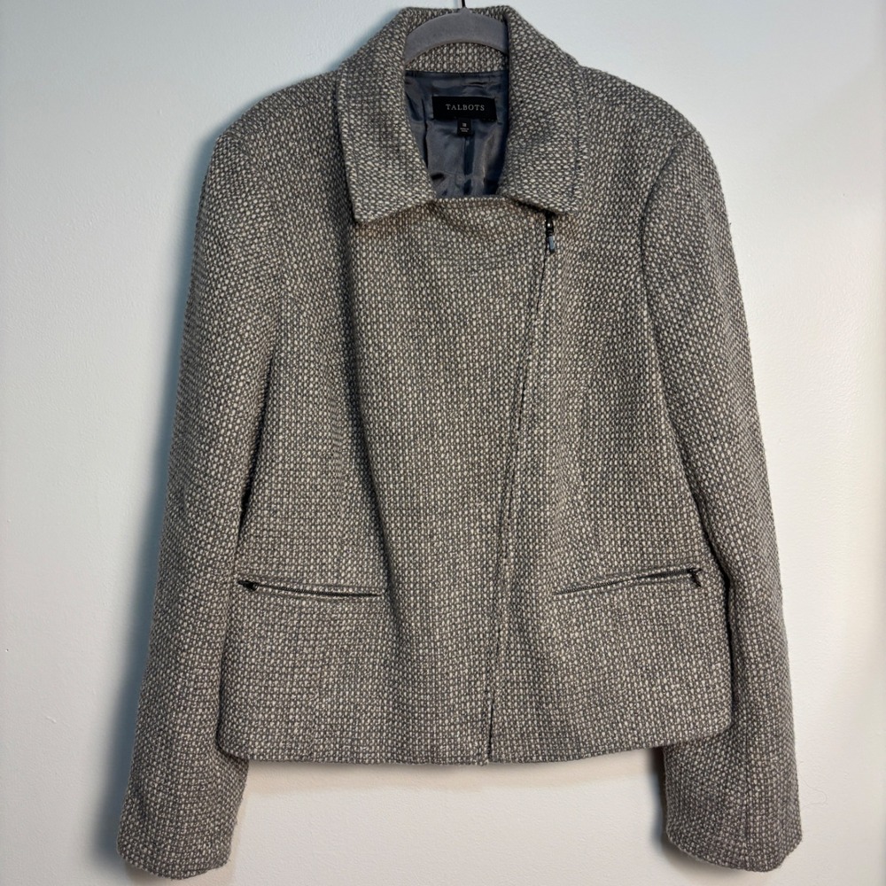 Talbots Wool Blend Moto Jacket 18 Gray Tweed Asymmetrical Zip Quiet Luxury - Picture 2 of 11